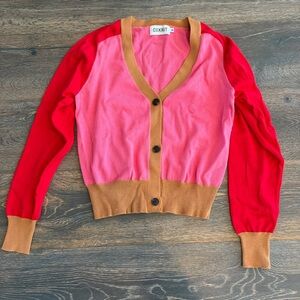 OXKNIT Pink & Red Colorblock V-Neck Cardigan with Tan Trim